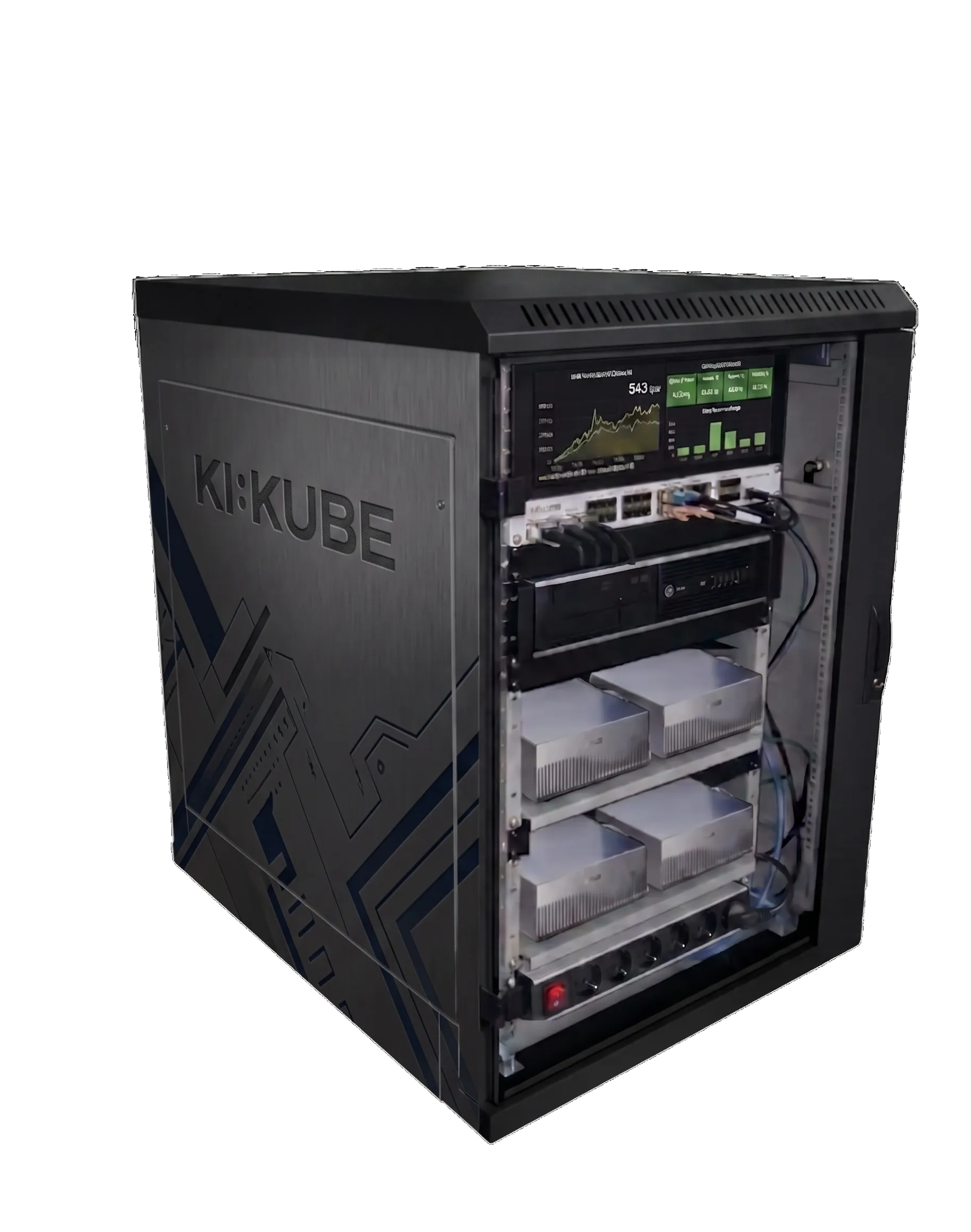 KI:KUBE-Appliance: 19-Zoll-Schrank mit vier DGX-Spark-Modulen, Statusdisplay vorn